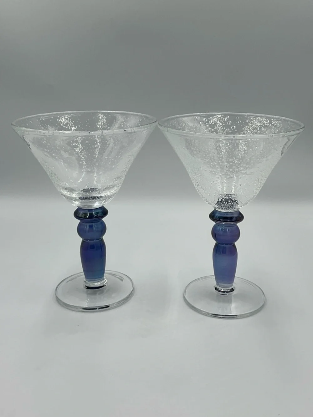 Vintage Pottery Barn Bubble Martini Glasses with Iridescent Blue Stems-Set of 2